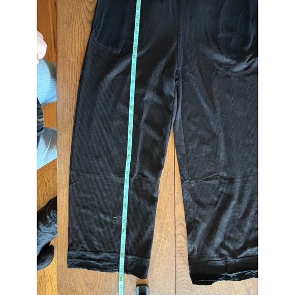 Black Wide-Leg Waffle Knit Romper Jumpsuit w/ Pockets & Open Tie-Back Summer - Picture 7 of 8